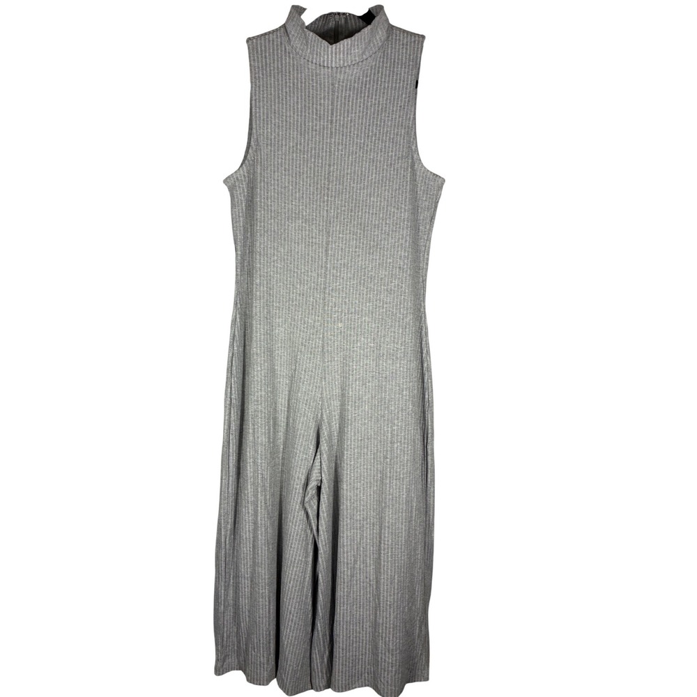 VENUS Light Gray Ribbed Sleeveless Jumpsuit Mock Neck Wide Leg Women's Sz M
